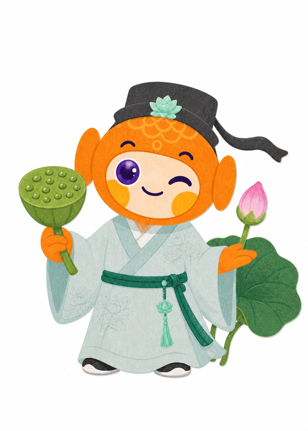 参考图中的橙色鱼形吉祥物，头戴黑色官帽（帽顶有青色莲花装饰），… - 图片创意预览
