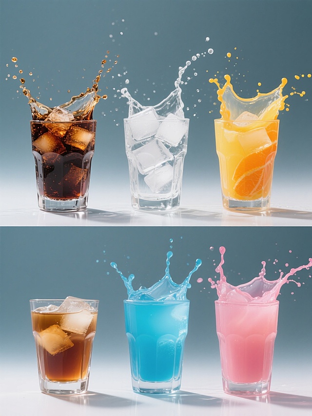 六个相同透明玻璃杯饮料的系列素材集合，每个玻璃杯中均装满冰块并产生顶部飞溅效果，背景为纯色，从左到右、从上到下依次为：深棕色可乐配琥珀色飞溅、透明雪碧配白色飞溅、橙黄色果汁配橙黄色飞溅、浅褐色茶水配浅棕色飞溅、亮蓝色果汁配亮蓝色飞溅、粉红色果汁配粉红色飞溅，所有玻璃杯规整排列成两行三列，保持高清晰度摄影风格、强烈的光影对比、冰块的透明质感和水珠细节，整体画面干净简洁，突出饮料的色彩和动态飞溅效果。