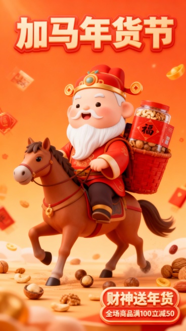 3D卡通风格，Q版骑着骏马的胖财神爷形象（白长胡须），图中主体被装在财神身上背着的红色竹篓里。橙红色渐变背景，点缀漂浮的喜庆感春节元素，暖色调。顶部标题“加马年货节” 大字字体（字体轻微变形），右下角预览效果