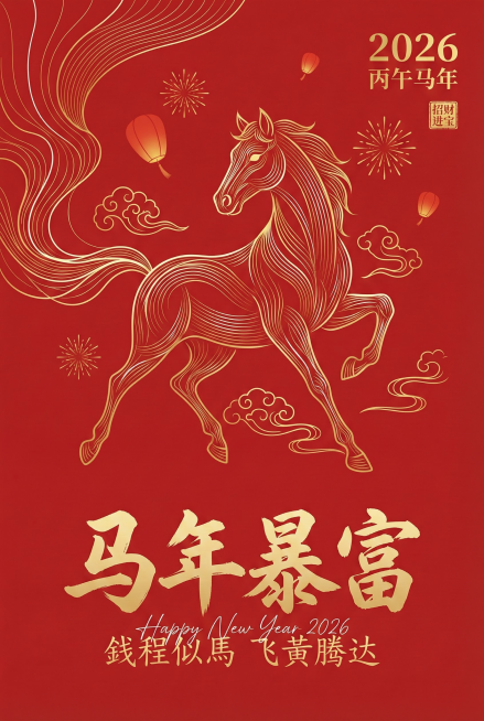 极简主义，中国红背景，矢量插画，海报构图，抽象线条构成的骏马，动态姿势，祥云，红灯笼，烟花，底部横排主标题为「马年暴富」（烫金加粗书法字体毛笔笔触），下方副标题为「钱程似馬  飞黄腾达」（浅金细体书法预览效果