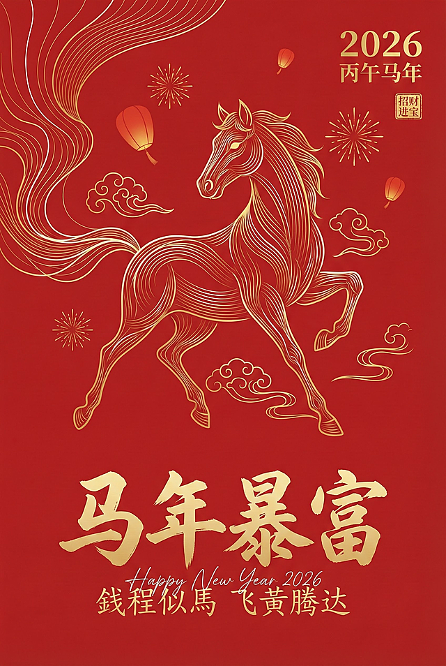 国潮风描边骏马跃动，鎏金浮雕质感，红底金纹尽显中式喜庆，祥云灯笼点缀，2026丙午马年招财进宝，寓意飞黄腾达、暴富吉祥。