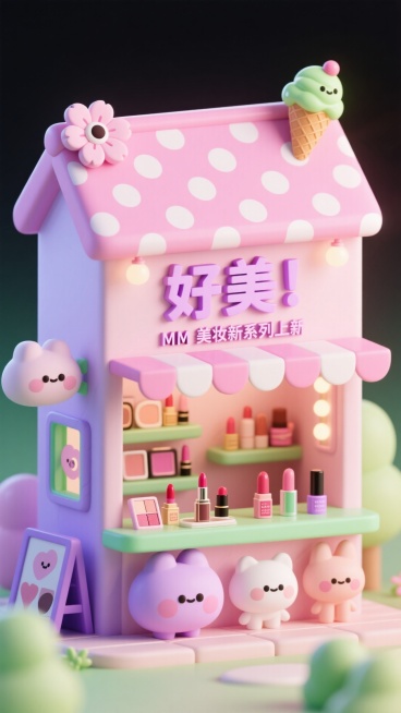 一个色彩缤纷、造型萌趣的店铺，整体以粉色为主调，搭配清新的紫色和绿色元素，营造出甜美梦幻的氛围。小屋顶部装饰有粉白波点布，屋顶有有着圆眼睛的樱花和抹茶冰淇淋。摊位内陈列着各种美妆产品（口红、眼影、腮红预览效果