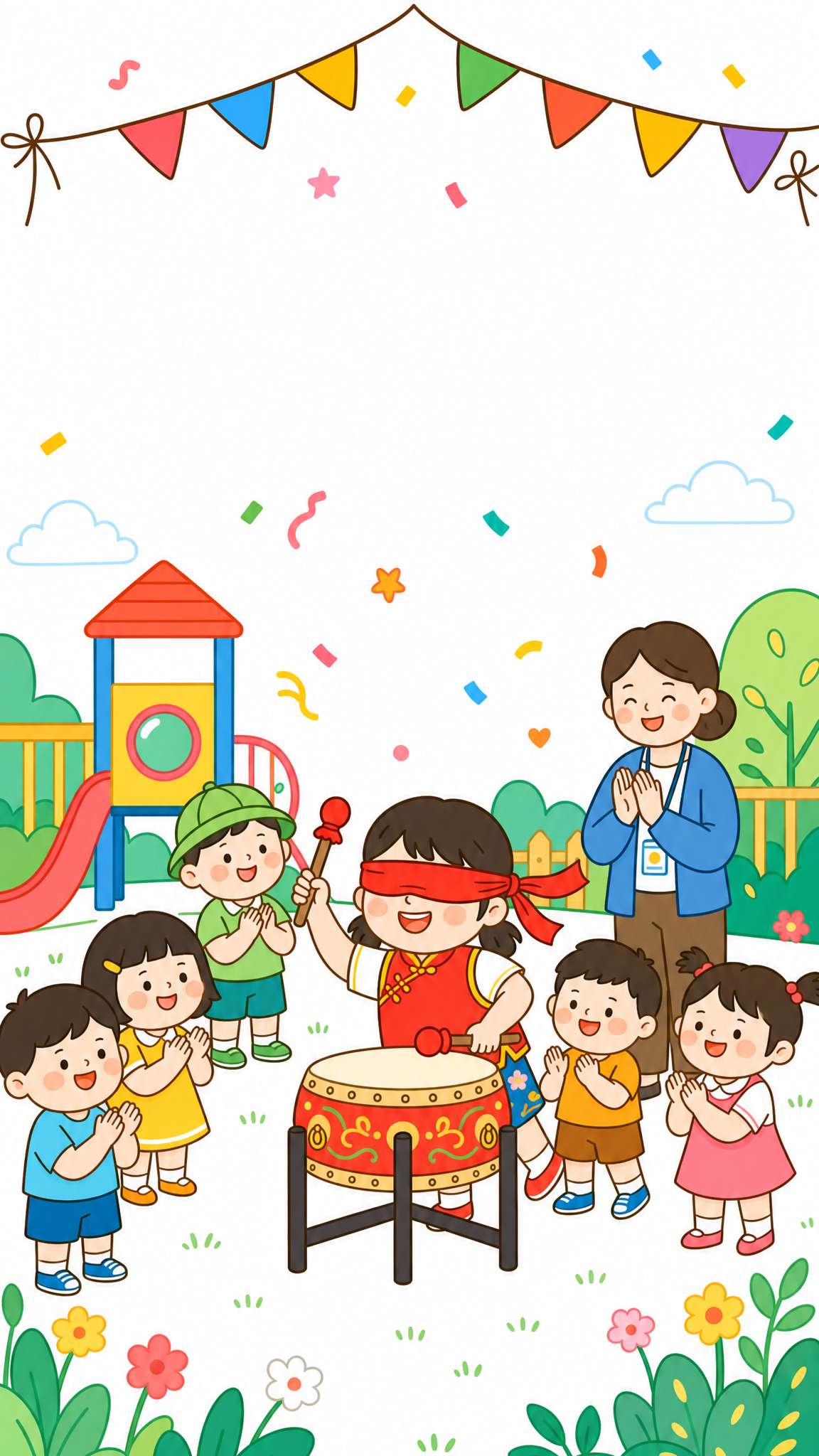 将图片整体风格修改为简笔画风格，保留蒙眼打鼓小孩和竖版构图，去… - 图片创意预览