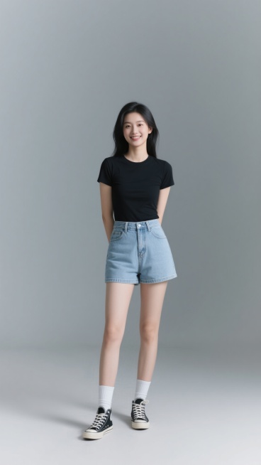一张年轻亚洲女性的全身人像摄影，纯灰色纯色背景，柔和均匀的顶光照明，人物主体清晰锐利，皮肤质感细腻自然，黑发自然垂落，面部表情平静略带微笑，人物姿态为站姿，双手背于身后，双腿并拢微微分开。穿搭风格为时尚休闲风，上身穿着一件黑色圆领短袖修身T恤，下身搭配一条高腰浅蓝色牛仔短裤，脚穿白色中筒袜和黑色帆布鞋，整体造型青春活力，构图采用经典全身人像构图，人物位于画面中央，占据大部分视觉空间，画面简洁干……预览效果