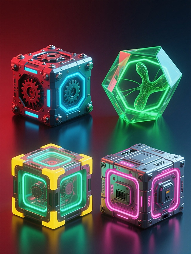 科技系列素材集合，规整排布四个完全不同造型不同风格的立方体科技装置，每个装置保持立方体主体与发光线条核心元素，分别采用四种纯色背景（深蓝、赤红、明黄、翠绿），造型从左至右依次为：棱角分明的机械装甲风格立方体，表面布满金属铆钉与齿轮结构，发光线条呈脉冲蓝；圆润流线型的生物科技立方体，半透明材质包裹内部仿生结构，发光线条为荧光绿；几何切割的赛博朋克立方体，多面体拼接表面镶嵌霓虹灯管，发光线条是霓虹粉；模块化组合的未来主义立方体，可拆卸组件与接口设计，发光线条呈科技银，所有装置均具有高精度3D渲染质感，光影对比强烈，金属与透明材质混搭，整体构成统一科技主题下的多样化视觉呈现。