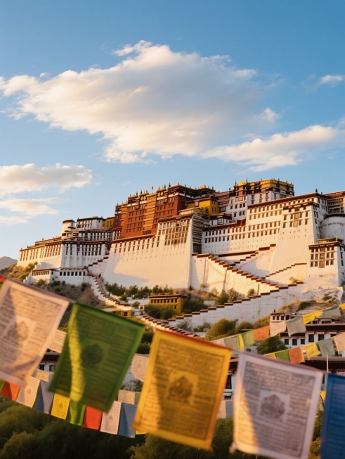 西藏布达拉宫全景，金色夕阳照射在白色宫墙上，蓝天白云，前景有五彩经幡飘扬，专业旅行摄影风格，超高清画质，上方适当留白，色彩饱和明亮，光线通透，适合社交媒体封面，吸引点击，8K细节预览效果