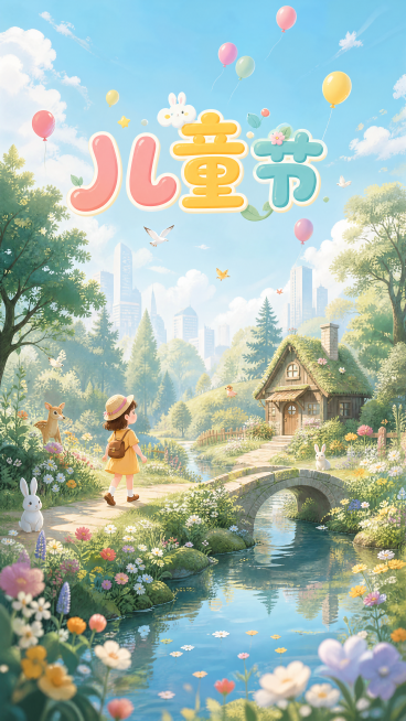 竖版六一儿童节海报，梦幻森系插画风格。简约远景楼宇浅浅铺陈，晴空明净清爽，彩色气球悠然飘浮。林间花草繁茂盛放，灵动小动物惬意穿梭。潺潺溪水静静延展，水面澄澈通透。单人孩童悠然漫步林间，神态天真活泼。原预览效果