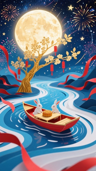梦幻奇幻风格全景，底部有一艘小船漂浮在蓝白色流光河流上，船中设有一张桌子，两侧对坐两只玉兔，正在分享月饼。小船周围扩散出漩涡状的星空，飘动的红色丝带与绚丽的红色烟花交织盘旋，中央是一轮巨大的发光满月，预览效果
