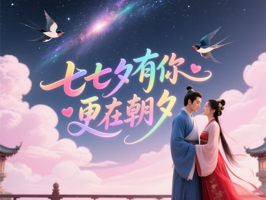 文字“七夕有你 更在朝夕”，文字穿插点缀爱心和喜鹊。高级感，黑底红字。背景：中国古代传统风格，古风情侣身着飘逸古装，深情对视，男子身穿蓝衣，女子身穿红衣。背景是银河，云朵，喜鹊在空中飞翔，画面整体呈现预览效果