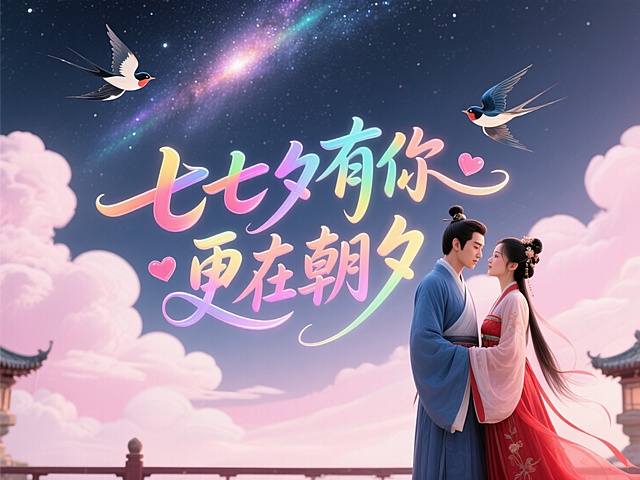 文字“七夕有你 更在朝夕”，文字穿插点缀爱心和喜鹊。高级感，黑底红字。背景：中国古代传统风格，古风情侣身着飘逸古装，深情对视，男子身穿蓝衣，女子身穿红衣。背景是银河，云朵，喜鹊在空中飞翔，画面整体呈现浪漫的粉色调。