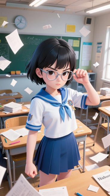 日式动漫风格  主角：林墨（失忆学霸・复仇机器） 帮忙生成三张图，分别为正视图、侧视图、背面图三张
标签强化：清冷学霸感 + 隐忍复仇感，标志性动作（推眼镜指尖敲镜框）贯穿设计
三视图描述词：
正面图预览效果