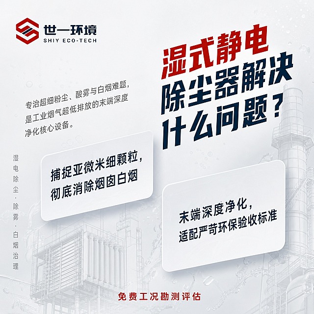 一张1:1正方形工业环保设备宣传海报，高级浅岩灰底色#F1F3F6，整体对角悬浮新式版式，打破常规横竖排版，高级轻盈无分割线、无框死区块。

【背景层】底层叠加湿电极板、水雾净化淡线稿底纹，透明度8%-12%，极淡的工业科技感，不抢主体。

【左上角固定锚点】左上角放置世一环境Logo，Logo为红色六边形S形图标+深蓝色"世一环境 SHIY ECO-TECH"文字，Logo清晰完整，保持原设计。

【右上对角大标题】右上角区域为视觉主落点，大标题文字"湿式静电除尘器解决什么问题？"，主色深海蓝#0F2A44，字号大而醒目；其中"湿式静电"四个字用品牌红#B71C1C高亮突出，形成视觉焦点。

【标题左下悬浮摘要】在大标题左下方斜向错位排布一段摘要文字："专治超细粉尘、酸雾与白烟难题，是工业烟气超低排放的末端深度净化核心设备。"，文字颜色哑光灰#868E96，字号中等，斜向悬浮感，与标题形成对角视觉流。

【画面中下对角悬浮双卡片】画面中下部有两张错落不对称的无边框极简悬浮卡片，带轻微投影营造悬浮感，无任何边框线条：
- 卡片1（偏左位置）：内容为"捕捉亚微米细颗粒，彻底消除烟囱白烟"，深海蓝文字，浅灰底色微透明
- 卡片2（偏右下位置）：内容为"末端深度净化，适配严苛环保验收标准"，深海蓝文字，浅灰底色微透明
两张卡片大小略有差异，位置一高一低、一左一右，形成不对称平衡，悬浮感强。

【左侧竖向悬浮标签】画面左侧中部有竖向竖排的极简文字标签，无框，文字为"湿电除尘・除雾・白烟治理"，竖排从上到下阅读，颜色哑光灰#868E96，字号较小，高级克制。

【画面最底部居中轻量CTA】画面最底部居中位置有轻量CTA文字"免费工况勘测评估"，品牌红#B71C1C颜色，字号适中，作为行动号召。

【整体风格】全灰系高级工业底色，深海蓝主色+品牌红点缀，整体斜向视觉流，灵动不呆板，专业环保设备调性，版式精美，高级感强，留白舒适，无二维码。

画面中必须完整呈现以下文字信息：
1. 主标题："湿式静电除尘器解决什么问题？"（"湿式静电"四字为红色高亮）
2. 摘要："专治超细粉尘、酸雾与白烟难题，是工业烟气超低排放的末端深度净化核心设备。"
3. 卡片1："捕捉亚微米细颗粒，彻底消除烟囱白烟"
4. 卡片2："末端深度净化，适配严苛环保验收标准"
5. 左侧竖排标签："湿电除尘・除雾・白烟治理"
6. 底部CTA："免费工况勘测评估"
7. Logo文字："世一环境 SHIY ECO-TECH"

画面中所有数字必须精确渲染，不得错位、遗漏或编造。画面中所有信息区域必须填充完整合理的内容，不得出现空白框、空白占位。