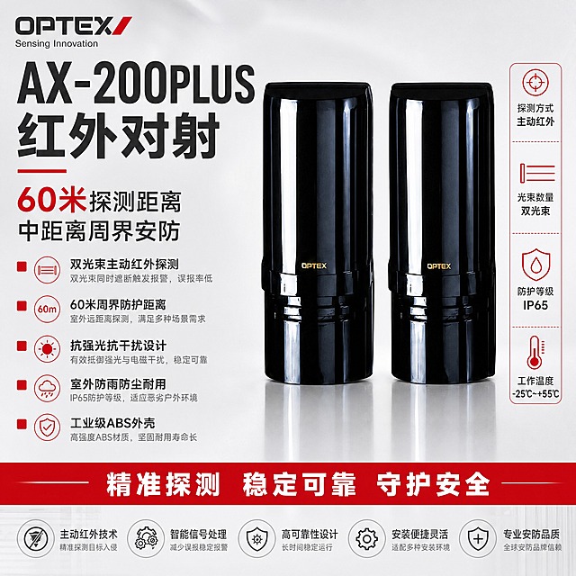 [主图-1] 首图品牌海报，AX-200PLUS红外对射探测器（60米），突出产品名称与专业安防形象，满版高信息密度构图。
[统一基调] 报警行业专业配色，白色与浅灰色为主背景，警示红色作点缀强调；字体为无衬线粗体，标题字深灰近黑，辅助字中灰，强调字警示红；排版克制高级，满版构图不留空白，空白处用产品优势文字填充；左上角放置OPTEX品牌LOGO。
[画面] 画面中心偏右放置AX-200PLUS红外对射探测器的发射端与接收端两台设备，正面微侧视角，完整展示黑色亮面外壳与OPTEX金色标识，产品外观严格保持原图不变，不扭曲不变形，产品占画面约55%；左侧大面积区域放置产品名称主标题与核心卖点文字；右侧与底部补充参数信息块；背景为柔和渐变的浅灰白棚拍背景，带有微妙的光影层次与产品倒影，背景做优化处理呈现高级棚拍质感。
[光影质感] 柔和棚拍光，主光从左上45度打下，产品表面高光清晰利落，黑色外壳反光自然真实，底部有柔和接触阴影与倒影，整体通透专业，无暗部死黑，产品体现大气风范。
[配色] 背景主色白色到浅灰渐变，标题字深灰色，辅助说明文字中灰色，重点关键词与分隔线用警示红色点缀，产品本体黑色亮面保持原色不变，杜绝深色单一颜色与太彩色花哨。
[文字版式] 左上角放置OPTEX品牌LOGO；左上部超大主标题"AX-200PLUS 红外对射"，字体粗厚醒目，产品名称文字优先凸显；主标题下方用警示红色短横线装饰；副标题"60米探测距离 中距离周界安防"；下方依次排列5行核心卖点短句，每行前加红色小方块标识，内容包括：双光束主动红外探测、60米周界防护距离、抗强光抗干扰设计、室外防雨防尘耐用、工业级ABS外壳；产品右侧竖排补充参数信息块：探测方式 主动红外、光束数量 双光束、防护等级 IP65、工作温度 -25℃~+55℃；底部通栏放置"精准探测 稳定可靠 守护安全"品牌承诺语；所有空白位置用产品优势文字填充，不留空白位置；文字全部横排，层级清晰，不遮挡产品主体关键部位。
[输出要求] 1:1正方形比例，2048x2048像素，产品清晰锐利，文字清晰可读，排版满版无大面积空白；禁止产品变形、禁止文字错字、禁止深色单一背景、禁止太彩色花哨、禁止水印、禁止平台LOGO、禁止悬浮感、禁止原图外观扭曲改变。