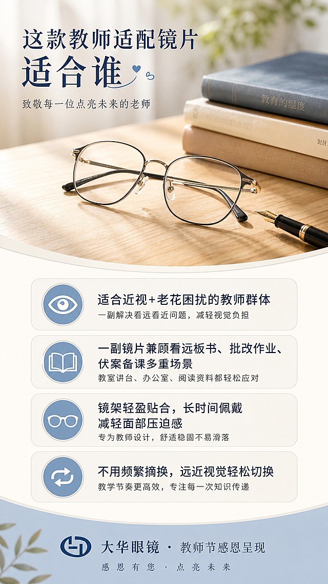 教师节推文福利详情图，干净自然大气风格，写实商业摄影。画面上方是一副精致轻盈的眼镜产品特写，放置在木质桌面上，旁边有书本和钢笔点缀，自然光柔和。下方为四大卖点区域，采用图标+文字的卡片式排列：第一条图标眼睛+文字"适合近视+老花困扰的教师群体"，第二条图标书本+文字"一副镜片兼顾看远板书、批改作业、伏案备课多重场景"，第三条图标镜架+文字"镜架轻盈贴合，长时间佩戴减轻面部压迫感"，第四条图标切换+文字"不用频繁摘换，远近视觉轻松切换"。顶部标题"这款教师适配镜片 适合谁"，底部品牌落款"大华眼镜 · 教师节感恩呈现"。整体配色米白+浅蓝+暖木色，干净专业，版式精美，文字清晰可读。画面中所有信息区域必须填充完整合理的内容，不得出现空白框。
