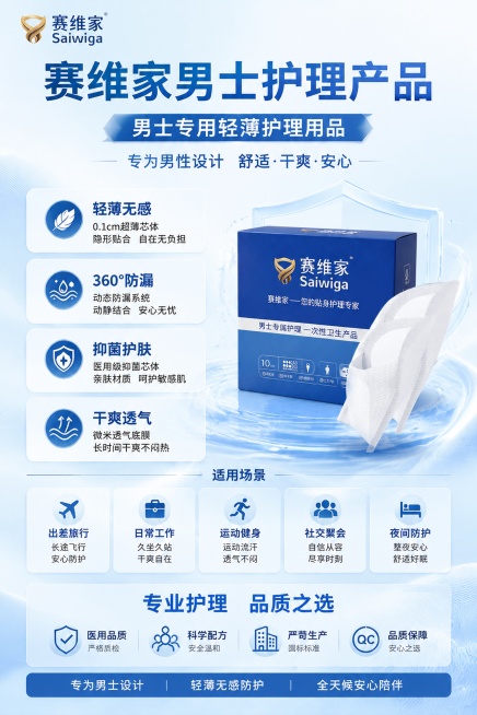 A4商业海报，浅蓝色清新专业护理风格，整体统一蓝色调，排版分区清晰，主标题在海报上方，文案为赛维家男士护理产品，展示男士专用轻薄护理用品的核心特点，保持专业干净的设计风格，文字清晰，适合印刷，色调清爽预览效果