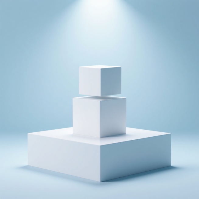 3D渲染风格，极简主义设计，柔和渐变的浅蓝色背景，明亮均匀的顶部光源，清晰柔和的阴影效果，白色光滑材质的展台，展台形状改为由两个大小不一的立方体错位堆叠而成，底层立方体较大，上层较小且略微偏移，整体呈现简洁现代的几何美感，表面光滑无纹理，空间感通透，视觉层次分明，营造宁静纯粹的氛围。预览效果