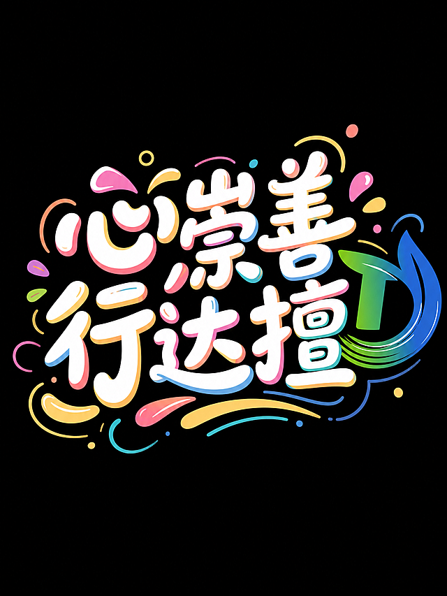 参考参考图的可爱卡通涂鸦艺术字风格，将文字内容替换为“心崇善 行达擅”，去掉原图中的博士帽元素，将提供的绿蓝渐变D形流线型logo自然融入画面装饰中，保留原有的马卡龙彩色渐变描边、圆润可爱的字体造型，搭配彩色细碎装饰元素，背景为纯黑色，整体风格活泼明快
