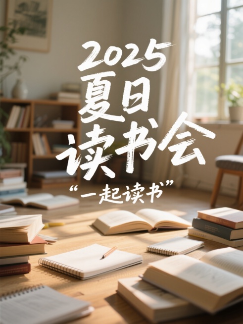 大字标题内容为“2025夏日读书会”无背景色 ，手写肌理感字体，副标题小字为“一起读书”，排版主次分明，简洁高级，背景为读书场景预览效果