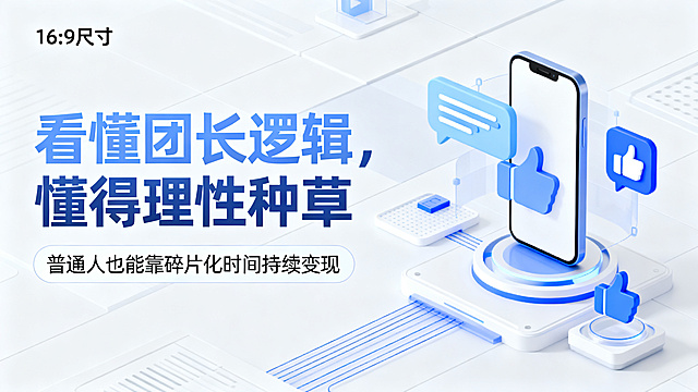 副业变现主题海报，主标题'看懂团长逻辑，懂得理性种草'，副标题'普通人也能靠碎片化时间持续变现'，主副标题分明，背景是现代科技感社交分享场景，搭配手机和社交元素，风格现代简约，尺寸比例16:9，排版层次分明，文字醒目