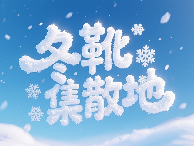 中央呈现白色积雪质感的 “冬靴集散地” 立体可爱艺术字，点缀雪花元素，蓝色渐变天空为背景