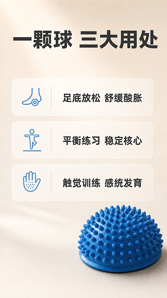 第2张·痛点与需求页；浅色系极简风格，大品牌质感；浅米杏白渐变背景，细腻哑光纸张质感；画面采用三行信息卡片布局，每行左侧为极简图标，右侧为文字说明；右下角放置一颗蓝色榴莲平衡按摩球，占画面约25%，半球形凸点纹理清晰，底部有自然接触阴影；左前上方柔和漫射光；现代无衬线粗黑体标题，简洁无衬线细黑体正文；标题色深炭灰，正文色中暖灰，强调色雾霾蓝仅用于小图标；顶部主标题"一颗球 三大用处"；三行文字分别为"足底放松 舒缓酸胀"、"平衡练习 稳定核心"、"触觉训练 感统发育"；全部文字横排，手机端可读；9:16竖版，4K分辨率；避免变形、错字、文字过小、冷蓝背景、营销活动元素、税务信息。