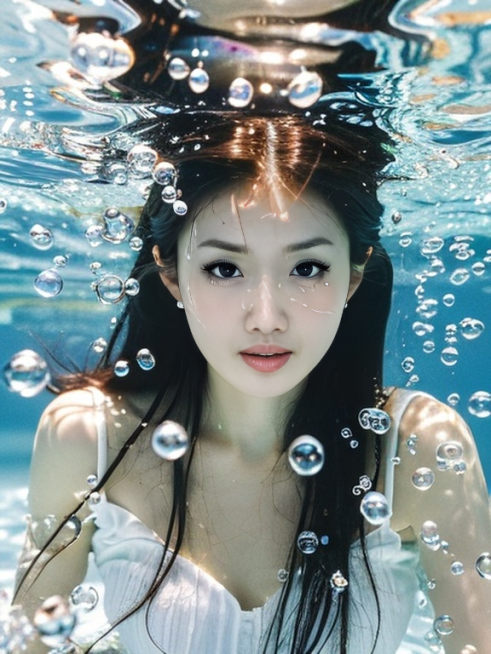长发少女，水下写真，周围少量气泡装饰，正面视角，清透梦幻氛围，商业摄影预览效果