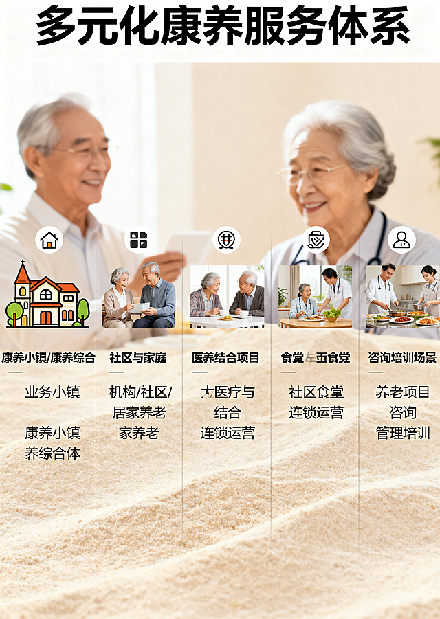 山西和睦塘养老服务宣传册核心业务页设计，标题文字"多元化康养服务体系"，分点介绍业务内容：康养小镇/康养综合体、机构/社区/居家养老、医养结合项目、社区食堂连锁运营、养老项目咨询管理培训，每个业务配对应图标，暖色调，排版清晰层次分明，分点突出显示，大气专业风格