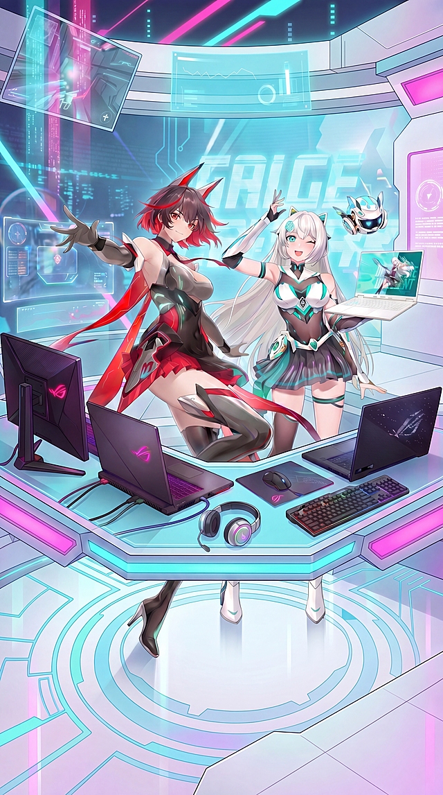 隐藏桌面下方露出的角色腿部（ROG姬与天选姬的腿），仅保留桌面及以上部分，保持整体赛博朋克二次元风格与光影一致，桌面产品与角色姿态不变