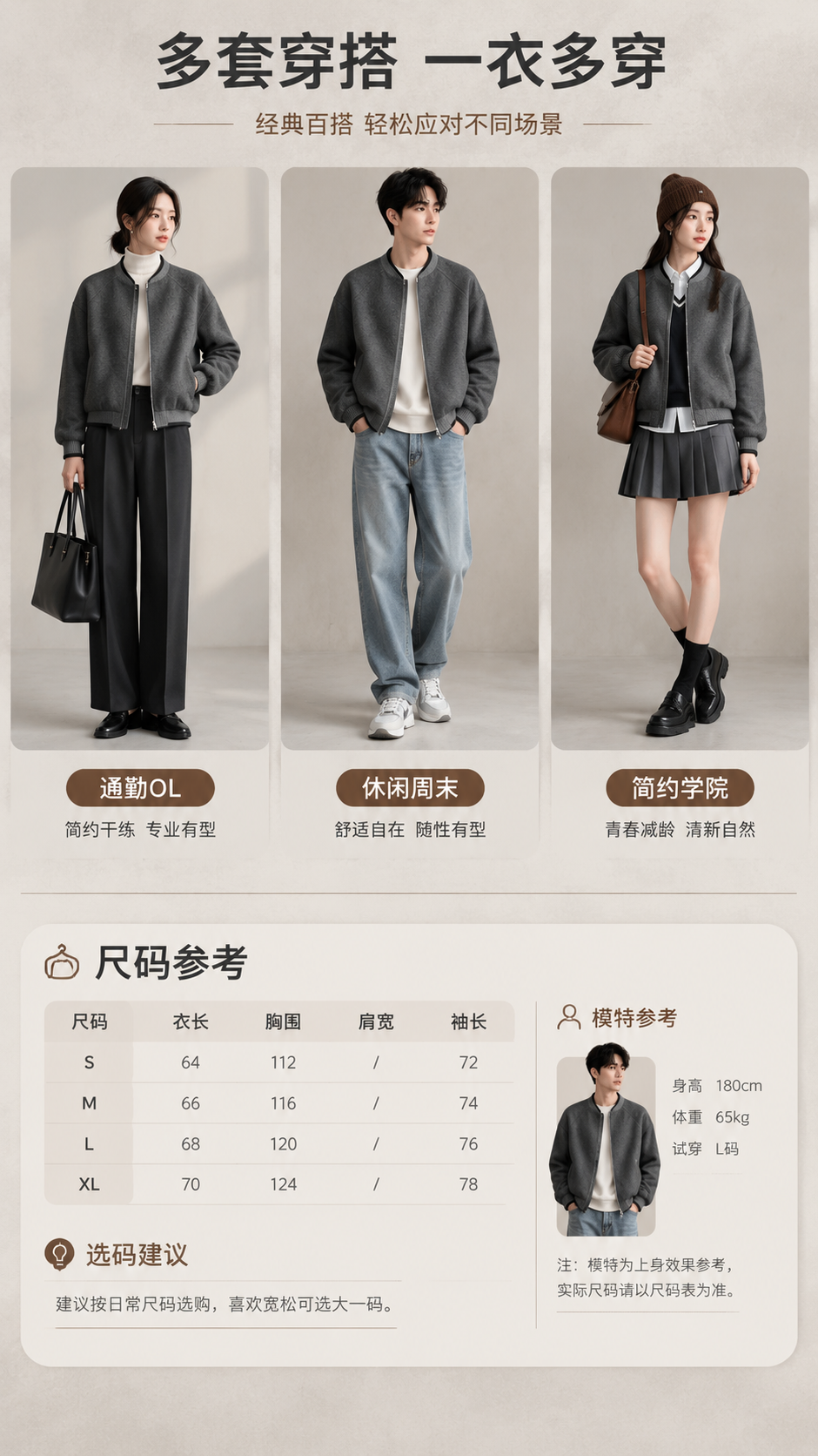 [商品] 使用【图1】灰色羊毛混纺棒球领拉链夹克；商品处理：保… - 图片创意预览