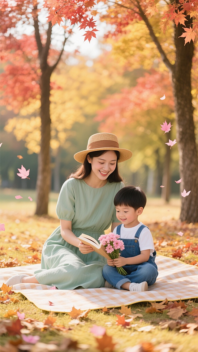 一位戴着浅棕色宽檐草帽的年轻母亲，穿着浅绿色连衣裙，正坐在铺着浅色格子野餐垫上，微笑着给面前穿蓝色背带裤、白色T恤的小男孩读一本翻开的书，小男孩手中捧着一小束粉色花朵，他们周围是飘落的粉色花瓣，环境变换为阳光明媚的秋日枫树林，地面铺满金黄与橙红相间的枫叶，周围点缀着几棵高大的、叶子呈现红黄渐变的枫树，阳光透过枝叶洒下斑驳的光影，整体色调温暖柔和，充满温馨宁静的氛围，高清摄影，自然光线，浅景深，细节丰富。