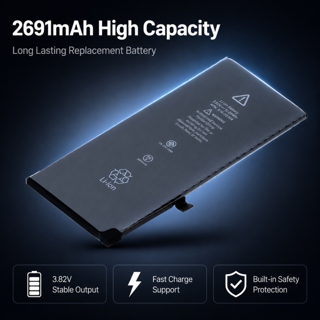 Premium tech-style e-commerce main image for a Li-ion smartphone replacement battery. Dark navy blue预览效果
