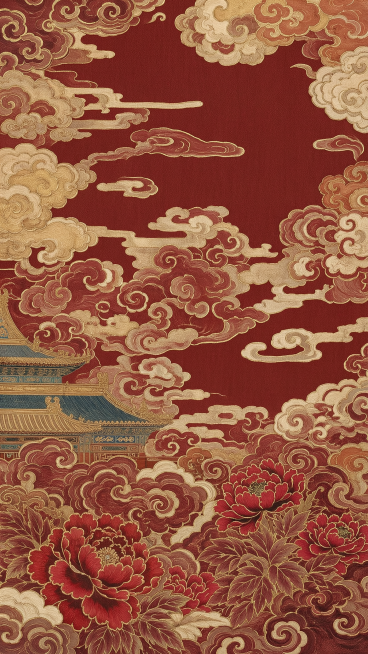 保留原图传统云锦工笔风格和祥云元素，去掉仙鹤和建筑，将牡丹花替换为红色山茶花，把整体画面颜色调整为红色系，保留金线勾边织锦纹理，2k高清细节清晰，保持画面协调统一预览效果