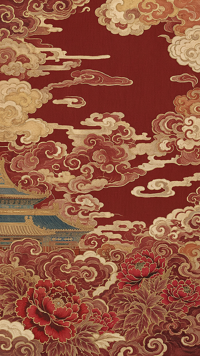 保留原图传统云锦工笔风格和祥云元素，去掉仙鹤和建筑，将牡丹花替换为红色山茶花，把整体画面颜色调整为红色系，保留金线勾边织锦纹理，2k高清细节清晰，保持画面协调统一
