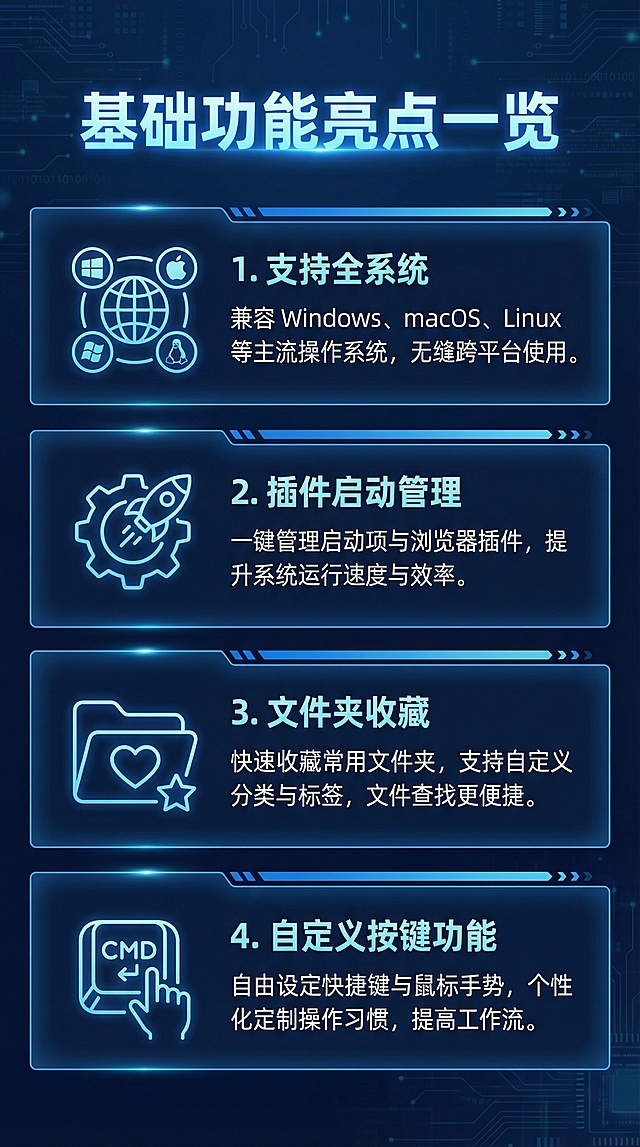 淘宝750×1334详情长图，文字为主图形为辅，分点介绍基础功能：支持全系统、插件启动管理、文件夹收藏、自定义按键功能，每个功能配简单线条小图标，蓝色科技风格排版，文字清晰易读