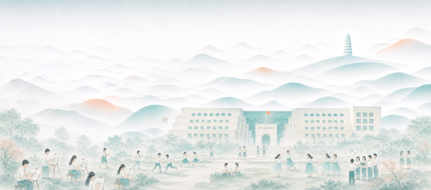 在现有校园建筑场景中添加一群学生，学生们在校园里分别进行画画、玩耍、唱歌跳舞活动，保留原图新中式国风淡青色远山的风格预览效果
