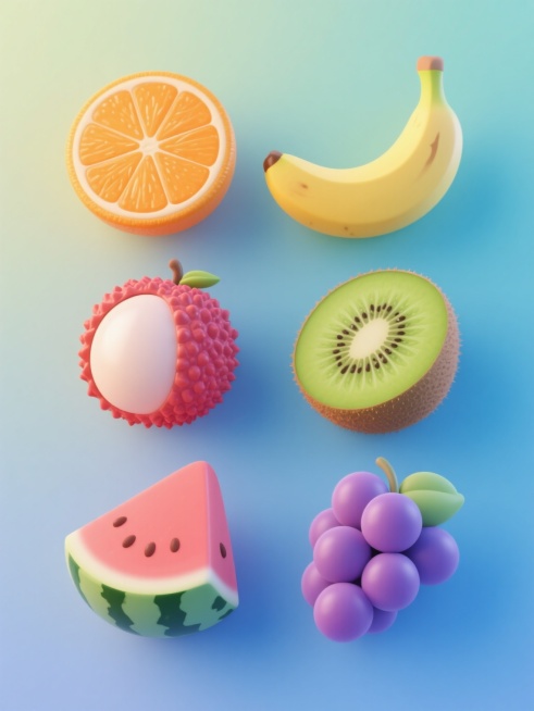 软3D风格水果系列素材集合，纯色背景，整体色彩明快变换，包含橙子、香蕉、猕猴桃、荔枝、西瓜、葡萄六个完全不同元素的水果，每个水果细节精致，具有光滑柔和的3D质感和轻微渐变光影，整体呈规整排布，构图平衡对称，视觉层级清晰，营造出清新活泼的氛围。预览效果
