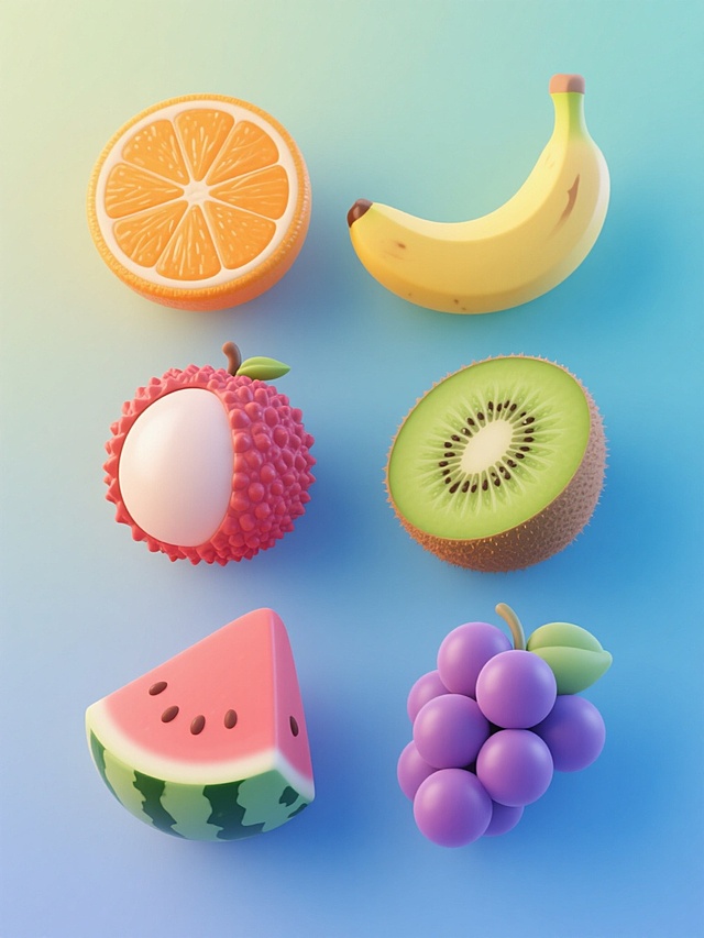 软3D风格水果系列素材集合，纯色背景，整体色彩明快变换，包含橙子、香蕉、猕猴桃、荔枝、西瓜、葡萄六个完全不同元素的水果，每个水果细节精致，具有光滑柔和的3D质感和轻微渐变光影，整体呈规整排布，构图平衡对称，视觉层级清晰，营造出清新活泼的氛围。