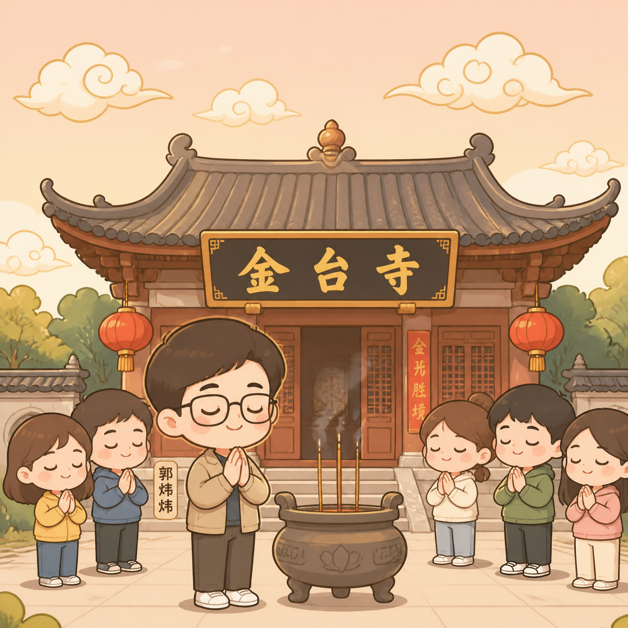 可爱简笔画风格，画面中心是一座古色古香的寺庙建筑，牌匾上写着"… - 图片创意预览