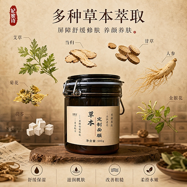 [主图-2] 核心功效成分解析，突出多种草本萃取与屏障舒缓修肤功效。
[统一基调] 中药草本风格，古朴雅致不花哨，整体背景偏中药风格，主色调为深棕、米黄、赭石、草木绿点缀；主标题字体为干净宋体/细衬线体，深棕色字；辅助文字为同色系小号字体；强调色用朱砂红点缀。
[画面] 画面中央偏下放置深棕色玻璃罐装草本面膜产品（带金属卡扣盖、米黄色标签），产品完整清晰。产品上方及四周悬浮多种真实草本原料特写：如艾草叶片、当归切片、甘草根茎、人参须、菊花花瓣、茯苓块等，每种草本旁用细引线连接标注名称（如「艾草」「当归」「甘草」等），共6-8种草本，体现多种草本萃取。草本原料呈自然散落悬浮状态，有轻微微距虚化效果。背景为古朴的米黄色宣纸纹理+浅棕色中药柜抽屉虚化图案，整体沉稳不花哨。左上角有小型妃蜜诗品牌印章Logo。
[光影质感] 商业摄影质感，柔和自然光，草本叶片有通透感，玻璃罐有自然反光，产品底部有柔和阴影，整体温润有层次。
[配色] 米黄底色、深棕文字、草木绿草本、赭石色点缀，古朴自然。
[文字版式] 画面上方居中放置主标题大字「多种草本萃取」，下方一行副标题「屏障舒缓修肤 养颜养肤」。画面中下部产品两侧用细线+小图标形式列出4个功效点：「舒缓保湿」「滋润肌肤」「改善粗糙」「柔滑水嫩」。文字均为深棕色细衬线体，主标题最大，功效点文字最小。文字不遮挡产品主体。
[输出要求] 1:1正方形比例，文字清晰可读，产品清晰不变形，草本真实自然，无错字，无水印，无平台Logo。禁用「温和」二字，不使用医疗化夸张表达。负向：草本失真、产品变形、背景花哨、出现化学分子结构、西药片、医疗针管等现代医药元素。