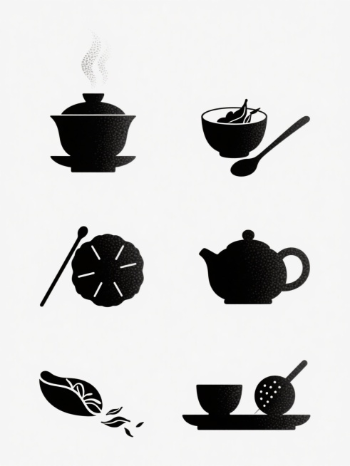 极简风格茶元素系列素材集合，纯白纯色背景，六个完全不同的茶主题元素规整排布成两行三列。每个元素均采用简洁流畅的黑色剪影造型，搭配细腻的颗粒状渐变纹理效果。元素包括：1. 冒着颗粒状蒸汽的盖碗，2. 漂浮着茶叶的茶杯与茶匙，3. 斜放的茶壶与茶杯组合，4. 茶饼与茶针，5. 茶叶从茶荷中洒落的动态造型，6. 茶具托盘上的茶杯与茶漏。所有元素保持统一的极简设计语言、黑色剪影与颗粒纹理质感，形成风格……预览效果