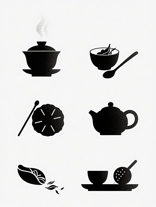 极简风格茶元素系列素材集合，纯白纯色背景，六个完全不同的茶主题元素规整排布成两行三列。每个元素均采用简洁流畅的黑色剪影造型，搭配细腻的颗粒状渐变纹理效果。元素包括：1. 冒着颗粒状蒸汽的盖碗，2. 漂浮着茶叶的茶杯与茶匙，3. 斜放的茶壶与茶杯组合，4. 茶饼与茶针，5. 茶叶从茶荷中洒落的动态造型，6. 茶具托盘上的茶杯与茶漏。所有元素保持统一的极简设计语言、黑色剪影与颗粒纹理质感，形成风格高度统一的茶元素系列素材。