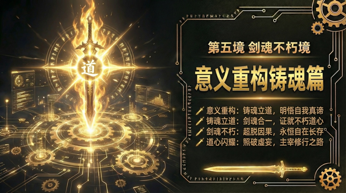 参考图1的黑金科技修仙风格，生成16:9尺寸的第五境剑魂不朽境详情图，画面左侧呈现本命剑剑身环绕金色魂火、道心闪耀的视觉效果，右侧排版“第五境 剑魂不朽境·意义重构铸魂篇”及大境界总旨文字内容，突出铸预览效果