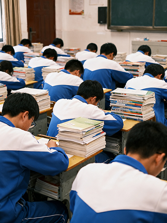 中国中学教室，学生们穿着蓝白校服，伏案低头学习，每张课桌上都堆满了书本，从教室右后方拍摄，画面呈现的是学生们的背影，氛围安静真实。