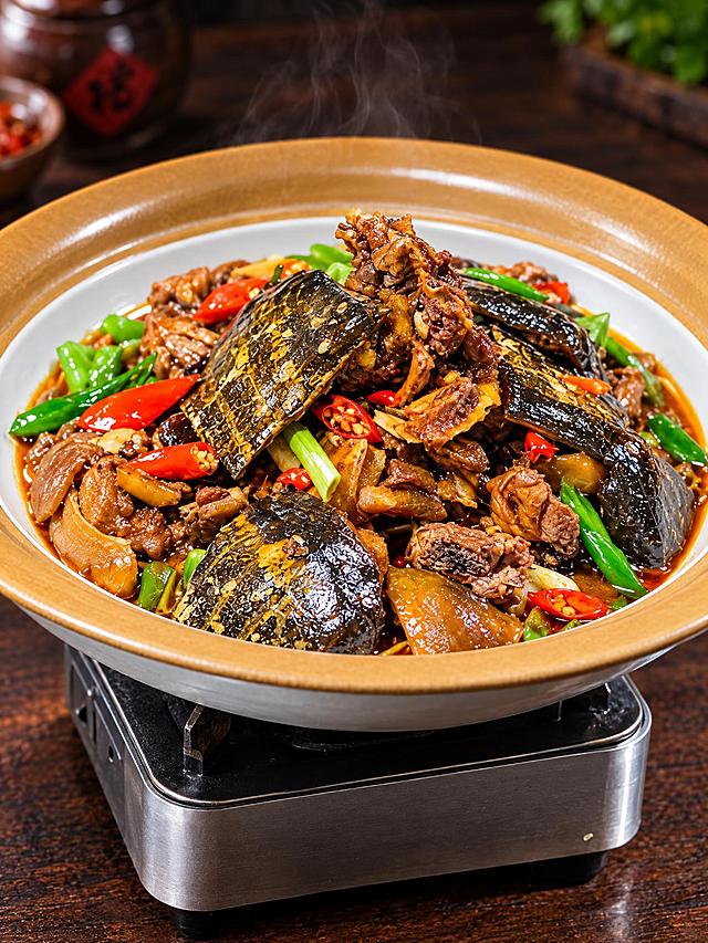 基于参考图中的红烧甲鱼菜品，生成左侧45度斜角角度的美食摄影图，保持甲鱼肉块带壳、色泽红亮浓郁，搭配青红椒、葱段，棕边白瓷深盘装盛，下方金属加热底座，深色木质桌面背景，专业美食摄影，高清细节，浓郁诱人
