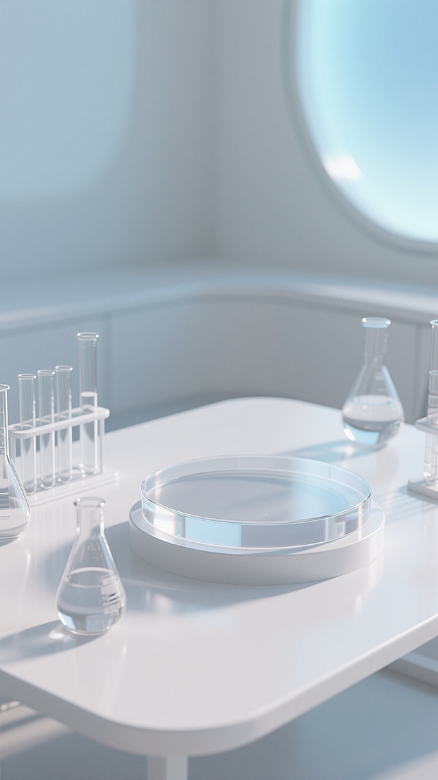 特写白色桌面上圆形玻璃质感展台，左下角前景虚化烧杯扣，展台周围实验玻璃器皿，背景虚化，白色调为主，右上角浅蓝渐变