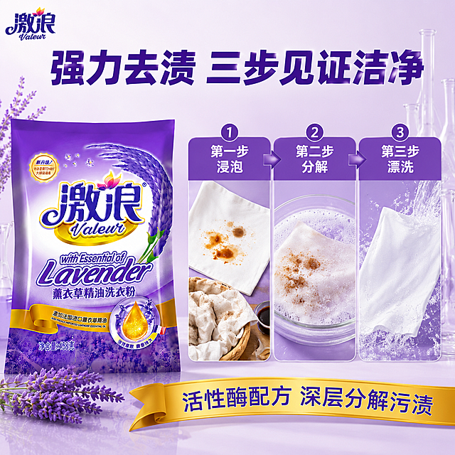 [主图-18] 激浪薰衣草精油洗衣粉去污实验图 去渍过程展示。
[氛围风格] 紫色实验风 真实去渍 强说服力 抖音真实感。
[画质] 商业摄影质感 光线明亮均匀 细节清晰 画面干净专业。
[元素] 画面左侧放置激浪薰衣草精油洗衣粉袋装产品 产品占画面约35% 保持产品外观与输入产品图绝对一致 杜绝任何变形和色差。右侧展示三步去渍过程 横向排列三步：第一步 一块白色布料上有明显的酱油渍和油渍 旁边放着脏衣物。第二步 布料浸泡在加了洗衣粉的水中 有泡沫产生 污渍正在溶解。第三步 布料变得洁白干净 旁边有清水冲洗的效果。每一步之间有箭头连接 表示过程。背景为浅紫色渐变 有实验器皿的元素点缀。左上角激浪品牌Logo。
[光影] 均匀柔光 各步骤亮度一致 布料纹理清晰 水和泡沫有通透感 整体明亮干净专业。
[配色] 主色调浅紫 白色 辅助色深紫 金色 棕色（污渍）。
[视角构图] 正面平视 产品在左 三步实验在右 左右横向流程构图 信息层次清晰。
[文字版式] 顶部大标题"强力去渍 三步见证洁净" 深紫色粗体大字 居中。三个步骤上方分别标注"第一步 浸泡""第二步 分解""第三步 漂洗" 白色粗体 配数字序号。底部金色飘带文字"活性酶配方 深层分解污渍"。文字清晰可读 不遮挡产品主体。
[输出要求] 1:1比例 文字清晰锐利 超高清商业摄影质感。
[负向提示词] 变形 文字错乱 产品图模糊 背景杂乱 水印 电商平台Logo。