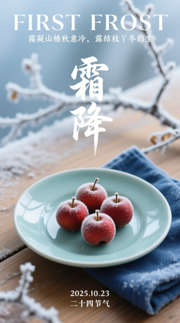 画面主体为青瓷盘，旁边搭着靛蓝色布巾，里面放着四颗带白霜的山楂；画面顶部呈现英文副标题 “FIRST FROST”，以及手写体小字“霜凝山楂秋意冷，露结枝丫冬韵生”；中间竖排 “霜降” 艺术字；底部灰预览效果