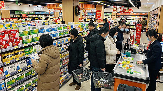 实景感药店场景，融合促销与喜庆元素，扁平化视觉呈现，杂志风布局，印刷质感突出，传递药店活动氛围。