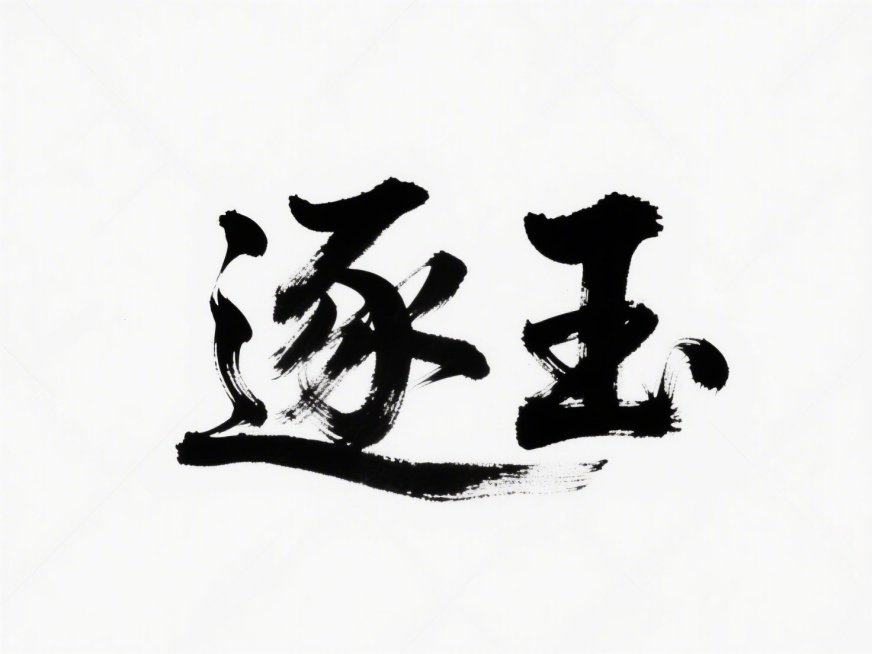 毛笔书法作品，书写“逐玉”2个汉字，风格为行书（笔画连贯、笔势舒展），墨色浓黑有飞白效果（笔画中露出纸张纹理的干枯笔触），纯白透明背景，排版是横向居中排列，字体大小均匀且笔画粗细有自然变化，细节：起笔预览效果