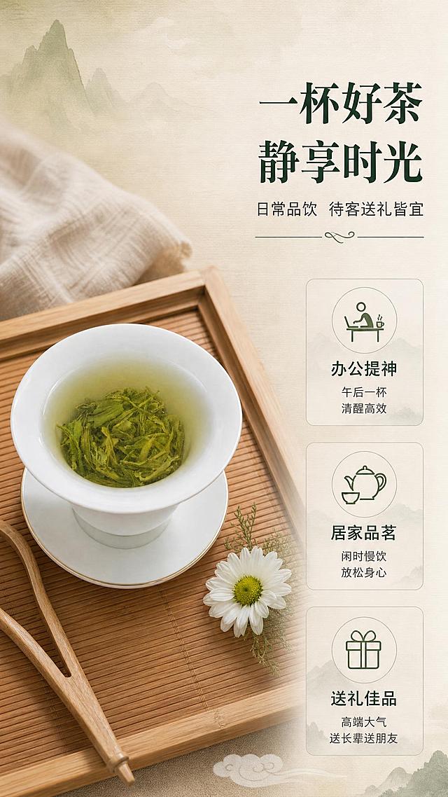 [商品] 使用【图3】盖碗冲泡毛尖绿茶图；保留白瓷盖碗形态、茶汤嫩绿颜色、茶叶舒展状态，保留竹制茶则、竹编茶席、小雏菊装饰，茶叶和茶汤颜色、比例不变。
[画面] 品饮场景页，目标是传递日常养生、待客送礼的适用场景。左图右文构图（左侧约60%场景区，右侧约40%文字区），产品占画面约50%。主体为盖碗冲泡的绿茶，置于竹制茶席上，茶则与小花点缀，营造雅致品茶氛围。背景为浅米色麻布质感，温暖治愈。右侧文字区配3个适用场景图标。
[视觉] 套系策略：风格=东方雅致新中式茶饮风，高级商业摄影质感；标题字=宋体加粗（思源宋体/方正清刻本悦宋风格），大气有东方韵味；正文字=简洁无衬线体（思源黑体），清晰易读；主色=茶绿+暖木棕；背景延展=基于茶绿与暖木棕做深浅层级、同色渐变和云雾/宣纸质感；强调色=深墨绿，仅用于小面积图标、引线和标签；标题色=深墨绿；正文色=深炭灰；组件=细线引线、圆角浅底信息卡、山水纹样点缀；光影=左前侧暖柔光，自然柔和，营造温馨雅致氛围。
[文字] 右侧顶部主标题"一杯好茶 静享时光"（8字，大字号，深墨绿色），副标题"日常品饮 待客送礼皆宜"，下方3个场景图标+文字纵向排列：「办公提神」午后一杯 清醒高效、「居家品茗」闲时慢饮 放松身心、「送礼佳品」高端大气 送长辈送朋友。文字全部横向排版，右对齐。
[规格] 图片比例9:16竖版，4K，负向提示：避免变形、错字、文字过小、茶汤颜色改变、盖碗形态失真、竖排文字。